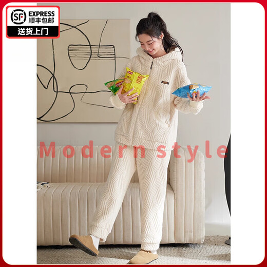 FENTENGG anti-static sherpa couple hooded pajamas for women winter coral velvet thickened men's home wear set 64401 milk white-female L