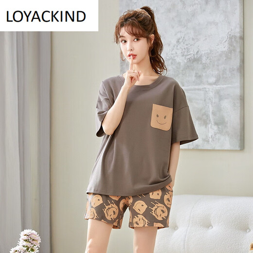 LOYACKIND Pyjamas pour Femmes Été Coton Mince Mignon Style Coréen Étudiant à Manches Courtes Deux-Pack Printemps et Automne Lâche Été Vêtements de Maison Marron GXT6636 Couleur de l'image XL (Recommandé 115-130 Jin Jin équivaut à 0,5 kg)