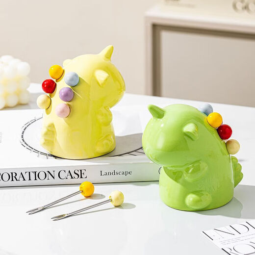 Unicorn Fruit Light Luxury Ceramic Tableware Set Home Cute High-grade Stainless Steel Storage Safe Fruit Fork Ceramic Macaron Custard Unicorn + 6 Forks