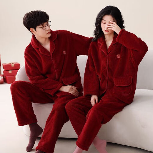 Victoria's style couple's coral velvet pajamas autumn and winter thickened animal year wedding suit for women and men winter bright red female 7149-male 7150 thickened M female + male L (two sets of prices)