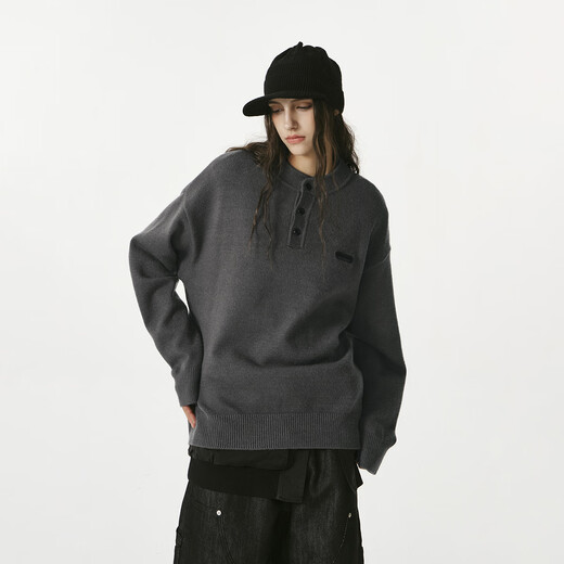 FORNINES relaxed henley collar pullover sweater for men and women in autumn and winter bottoming sweater loose lazy sweater dark gray S