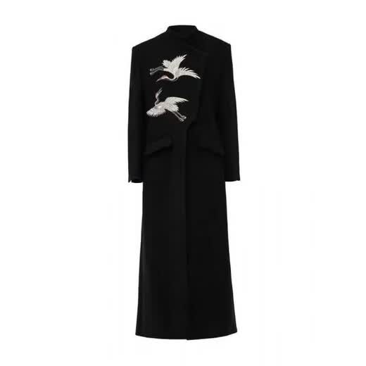 The new Chinese style men's crane embroidered woolen coat men's autumn and winter hidden button mid-length stand-up collar windbreaker jacket suit Crane embroidered jacket + white bottoming shirt + black trousers M recommended 90-105 Jin Jin equals 0.5 kg