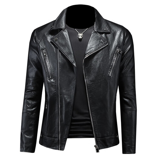 VDJFA2025 Autumn New Lapel Motorcycle Leather Jacket Men's Casual Jacket Youth Slim Trendy Cycling Leather Jacket Black XL