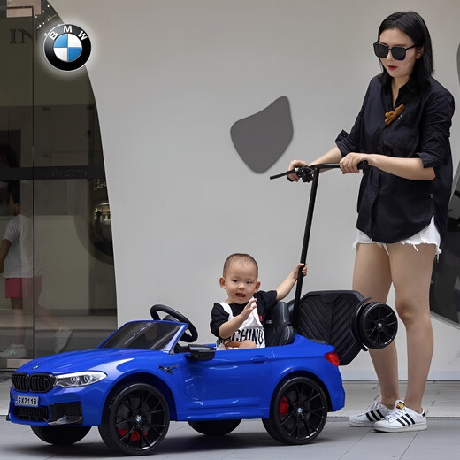 Haolaixi BMW children's electric car four-wheel car remote control toy car can sit and stand adults and children with swing baby stroller, top with blue + adult standing plate + remote control swing + soft wheel leather seat + push rod + Bluetooth