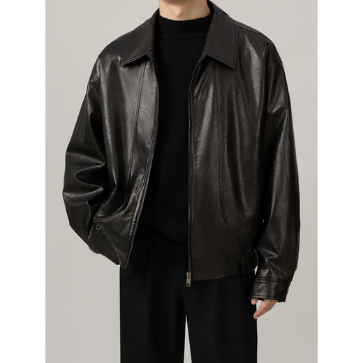 ONEDEW men's cleanfit textured pu leather autumn new leather jacket men's handsome motorcycle jacket top black gold M