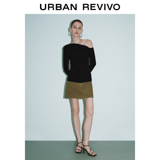 UR autumn new women's casual slanted shoulder collar pleated slim long-sleeved T-shirt UWM450130+ black M