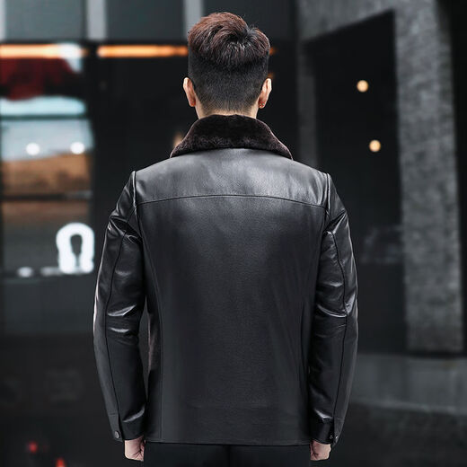 VBA头层牛皮羊毛领羊毛内胆加厚海宁真皮皮衣男皮夹克冬外套5598 黑色 M M95-105斤