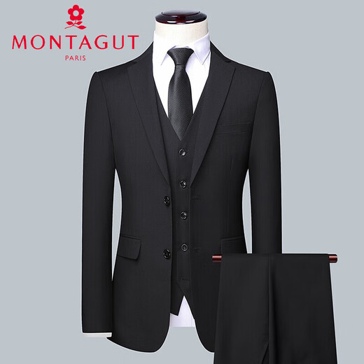 MONTAGUT men's high-end suit men's business slim professional formal suit three-piece groom's wedding dress black (suit + vest + trousers) three-piece suit S 165 (weight 90-110)