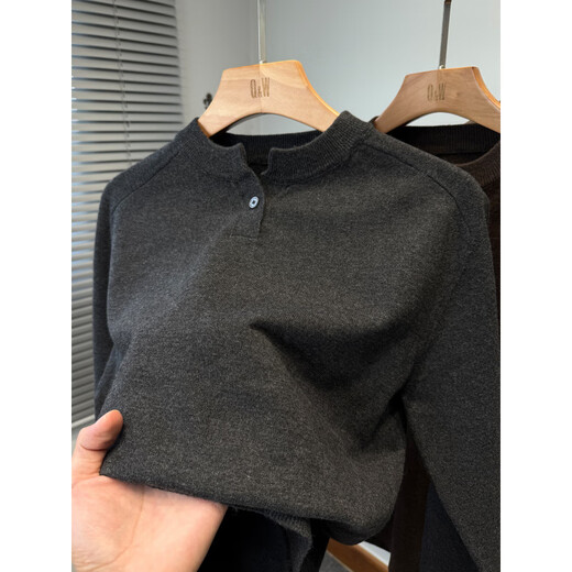Falling American Henry Collar Sweater Men's Thin Autumn and Winter Youth Color Versatile Sweater Men's Pullover Tops Carbon Gray M