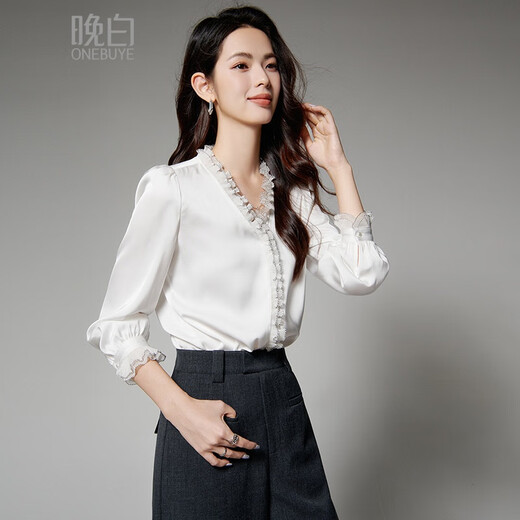 Late White New Product 2025 Autumn Style Elegant Shirt Fashion Lace Collar V-Neck Commuting Shirt Women White L