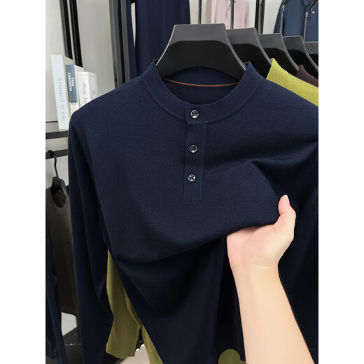 ROMON high-end men's Henry collar button-down sweater with wool long-sleeved bottoming shirt solid color versatile sweater spring and autumn Pearl Apricot M