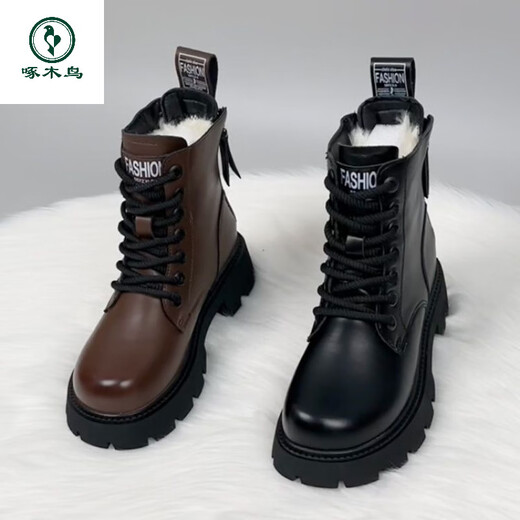 Woodpecker thick-soled Martin boots genuine leather wool boots women's fur integrated new thickened 2025 winter short boots snow boots black thickened cotton imported wool 37