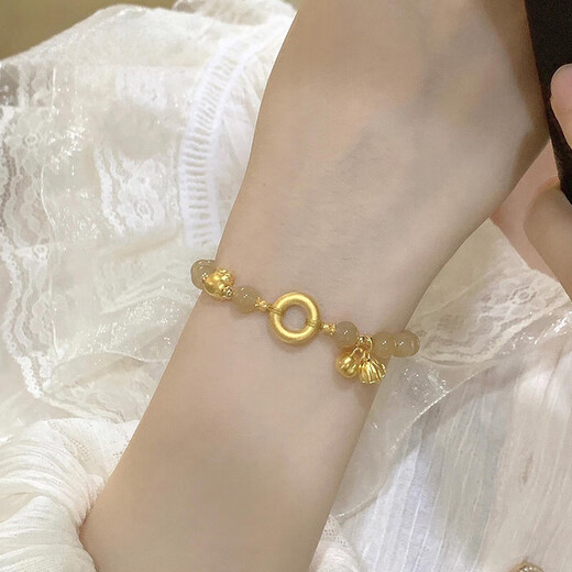 Chow Tai Sang 999 Pure Gold Peace Buckle Gold Bracelet Women's Lucky Bag Transfer Beads Lotus Persimmon Caramel Hetian Jade Beaded Bracelet Pure Gold Hetian Jade Bracelet