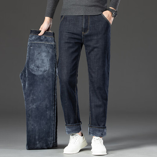 Playboy (PLAYBOY) Winter Velvet Thickened Jeans Men's Loose Straight Elastic Warm Men's Pants 2025 New Casual Pants 3399R Blue Black Velvet 32 Recommended 140-149 Jin Jin equals 0.5 kg