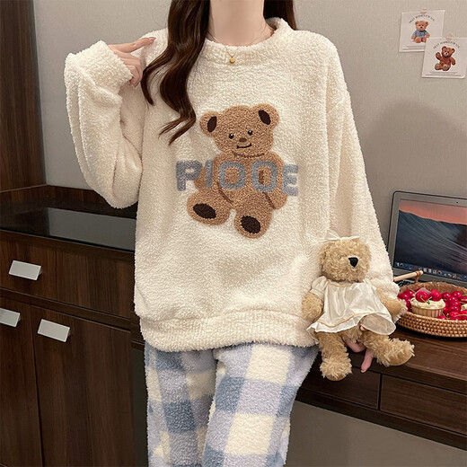 Xiaohongshu's popular half-velvet soft pajamas for women 2025 autumn and winter new plaid bear thickened and warm shan blue-haired girl apricot blue M one size