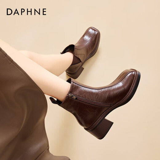Daphne short boots for women new autumn and winter French high-heeled slim boots with temperament and versatile Martin boots for women brown plus velvet 37