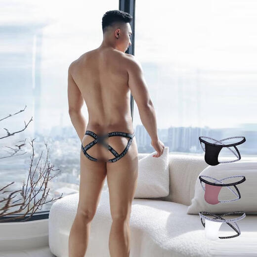 ORLVS men's thong back cross strap four thong pants sexy tight hip lifting t-pants personalized trendy underwear for men black+white+pink M