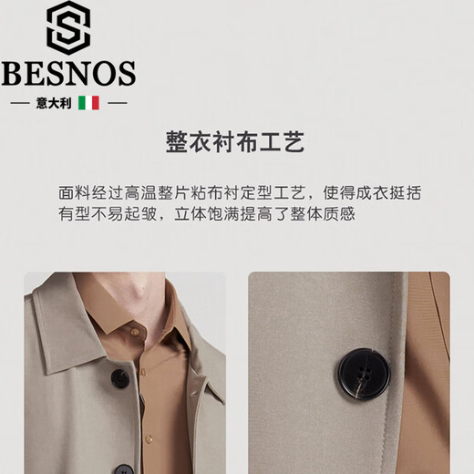 BESNOS Italian brand Balmaken men's windbreaker single-breasted high-end solid color casual autumn mid-length coat gray card color M (170) suitable for weight 100-130Jin Jin equals 0.5 kg