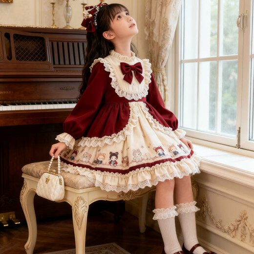 Kafanli (KafanIi) Girls Lolita Princess Dress 25 New Children's Birthday Dress Western Style Baby Girl Dress Autumn and Winter Burgundy 265 Velvet No Accessories 150 cm