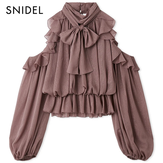 SNIDEL2025 new autumn and winter sweet ruffled off-shoulder pleated bow tie shirt SWFB255028 ivory white one size (F)
