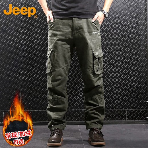 JEEP overalls men's loose autumn and winter straight casual pants multi-pocket versatile men's pants grass green 32