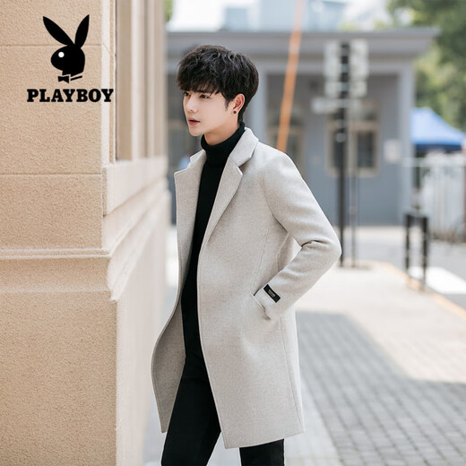 Playboy (PLAYBOY) windbreaker men's mid-length Korean style slim and handsome cotton-thick woolen coat men's woolen coat men's trend apricot cotton M