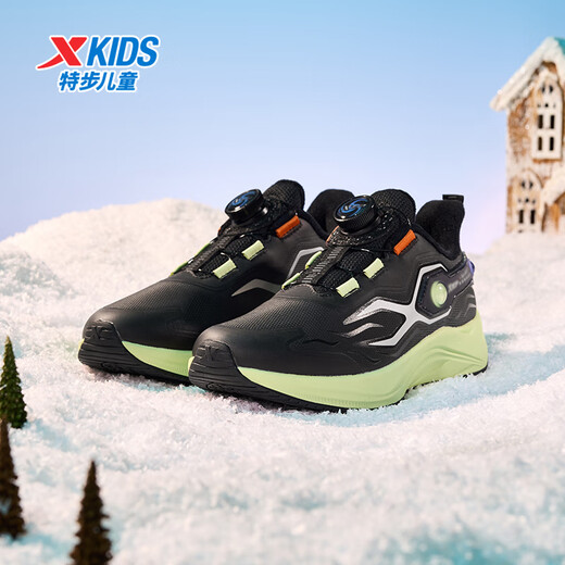 XTEP Children's Shoes Children's X Mecha-Rocket Shoes Knob Buckle Running Shoes Winter Plush Cotton Shoes Black/Jelly Green 33