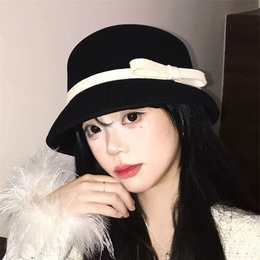 Miao Yijia Hepburn style top hat for women spring fashion fashionable face slimming fisherman hat high-end winter hat basin hat black Hepburn style white bow top hat one size (head circumference about 55-58cm)