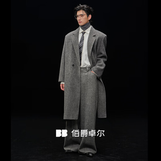 Earl Zall wool coat 100% men shoulder pads long goose down lining commuter coat men 2025 autumn and winter new moon night black regular - no lining XL (180)