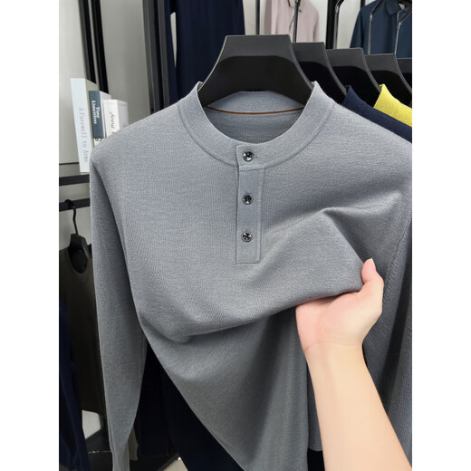 ROMON high-end men's Henry collar button-down sweater with wool long-sleeved bottoming shirt solid color versatile sweater spring and autumn Pearl Apricot M