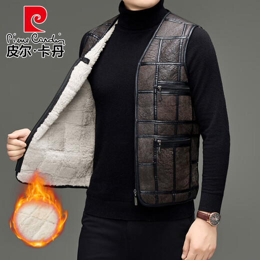 Pierre Cardin men's fur integrated vest autumn and winter genuine leather middle-aged and elderly sheep sheared fur vest vest warm sheepskin vest brown L 4x