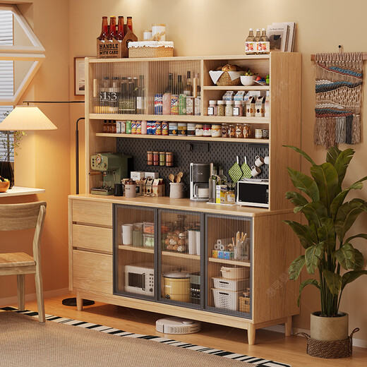 Huixun aparador de madera maciza gabinete de almacenamiento de cocina sala de estar gabinete de té multifuncional de gran capacidad gabinete de almacenamiento integrado gabinete de vino color nogal negro #toda madera maciza sin chapa/con enchufe integrado 200*40*181