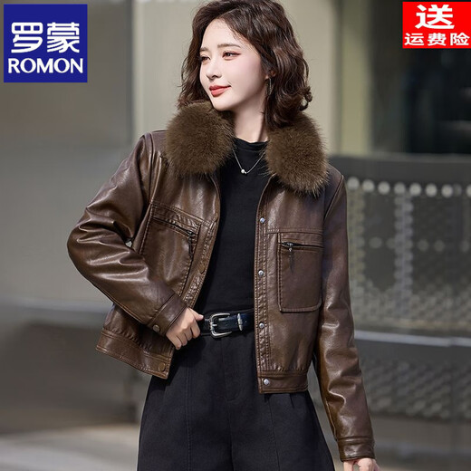 ROMON Haining velvet thickened leather jacket for women 2025 winter new warm small fur collar short leather jacket trendy brown 2XL recommended 110-120Jin Jin equals 0.5 kg