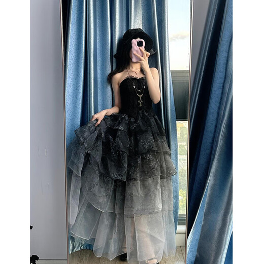 Black Apricot Tree Lolita Evening Dress lolita Graduation Fairy Host Art Examination Student Day Adult Ceremony Princess Dress Black Complete Set (Free Corsage + Ribbon) M