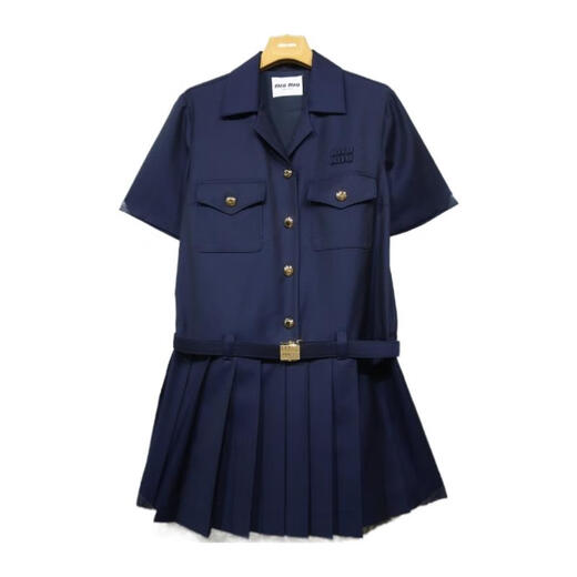 MiuMiu Women's Dress Slim Fit Lapel Pleated Commuting Daily Skirt College Autumn and Winter New Style Blue One Size | IT-40