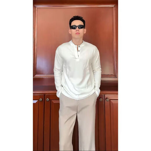 Shaquhe Korean style early autumn wear Henley collar white T-shirt men's handsome right shoulder long-sleeved top with base layer white stand-up collar polo long-sleeved M Recommended 90-105 Jin Jin equals 0.5 kg