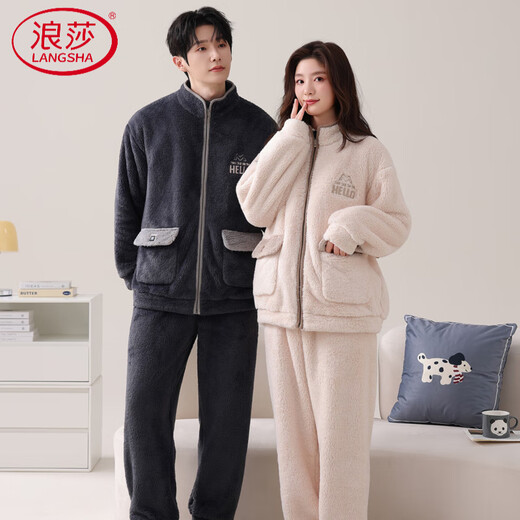 LangSha (LangSha) pajamas couple wear, one man and one woman, winter flannel thickened warm cardigan zipper casual can be worn outside home clothes 5910 couple L female + XL male