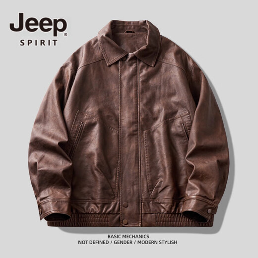 JEEP SPIRIT Jeep high-definition saddle vegetable tanned oil leather motorcycle lapel leather jacket for men 2025 autumn loose leather jacket for men, coffee color, handsome loose version
