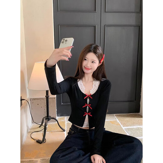 Cotton skin-friendly pure desire black bow U-neck long-sleeved women's autumn slim-fitting short top two-piece set XXC suit (T-shirt + lace vest) high-quality model S 70-90Jin Jin equals 0.5 kg