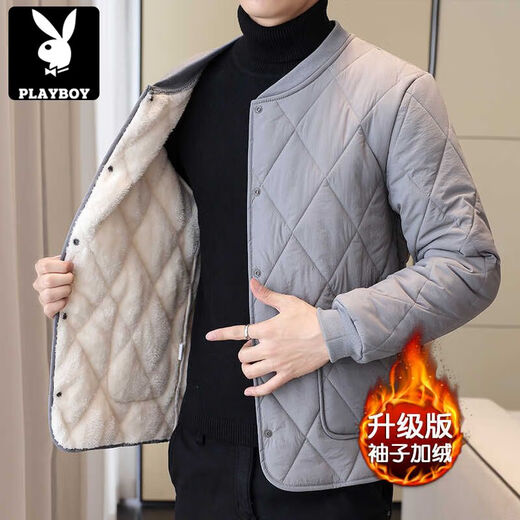 Playboy (PLAYBOY) men's velvet thickened lining cotton-padded jacket, down jacket, autumn and winter base layer, small cotton-padded jacket, warm short jacket, black XL