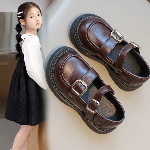 Girls Shoes Princess Shoes 2025 Spring New Genuine Leather Children's Small Leather Shoes Soft Sole Girls Black Single Shoes Spring Style Black 32 Inner Length Approximately 19.6cm