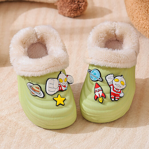 EVA children's cotton slippers Ultraman winter cartoon cute anti-slip plus velvet warm waterproof parent-child cotton shoes EVA warm anti-slip upgraded version green 30 inner length 17-17.5cm