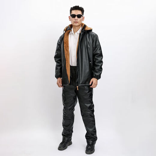 Zhiyunyan leather jacket and leather trousers suit plus velvet and thickening to keep warm, waterproof, oil-proof, windproof and cold-proof, take-out driver's labor insurance set 4XL 165-190Jin Jin equals 0.5 kg