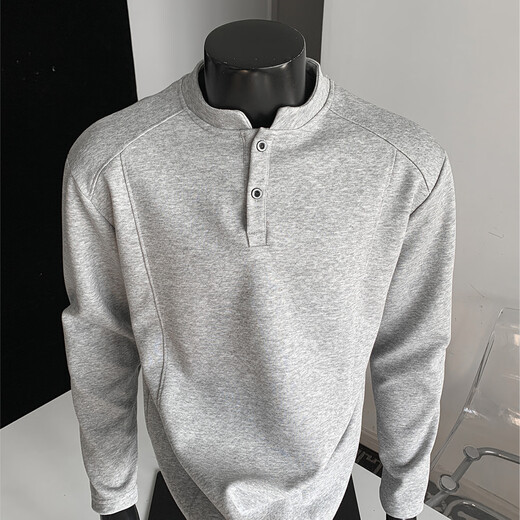 Homlean American Henry collar long-sleeved T-shirt men's autumn new loose shoulder casual polo shirt HB98 light gray 4XL