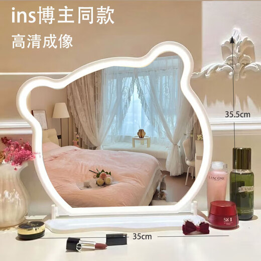 New LED makeup mirror large dressing table Bear Adjustable Desktop Rotating Fill-in Light Beauty Bedroom Dormitory Dressing Mirror Panda with Lights White