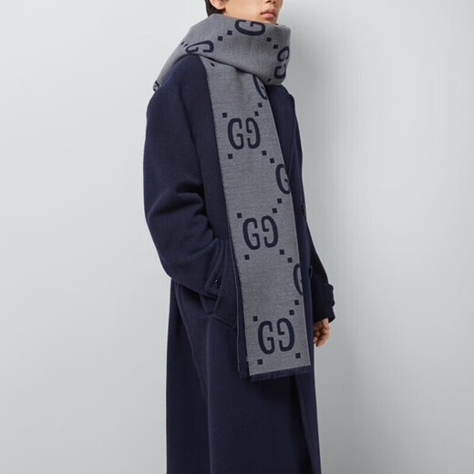 Gucci (GUCCI) scarf double G pattern jacquard wool dark and light color double-sided scarf couple model 190x35cm New Year gift light gray/dark blue 495592 4G350 4063