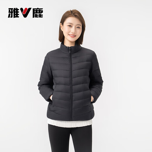 Yalu Down Jacket Women's Lightweight Autumn Down Stand Collar Simple Solid Color Slim Fit Warm Short Jacket Black 175