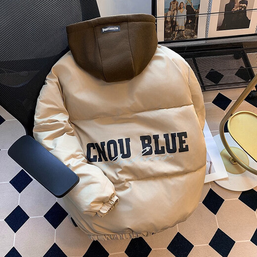 American letter cotton coat men's high street oversize trendy brand loose fake two-piece cotton jacket winter hooded cotton coat brown high quality S recommended 75-95Jin Jin equals 0.5 kg
