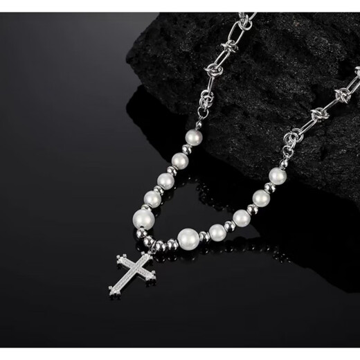 Chow Tai Sang Necklace Men's Design Niche Pearl Men's Cross Pendant Men's Style Men's Trendy Brand Accessories