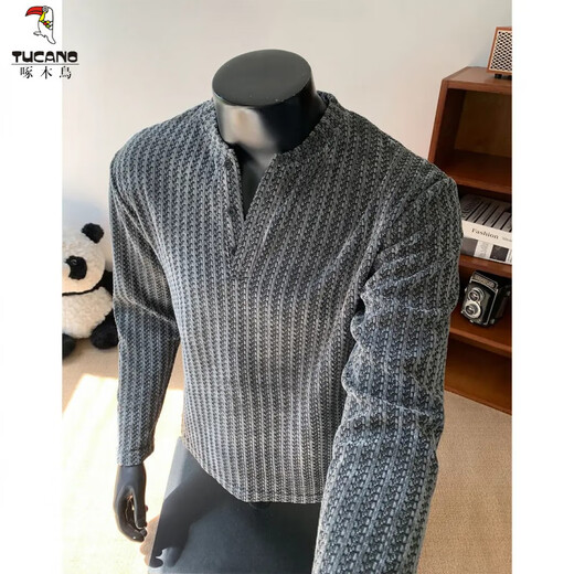Woodpecker (TUCANO) small fragrant herringbone pattern Henry collar long-sleeved T-shirt men's autumn American chenille heavyweight sweatshirt inner layering shirt black 2XL 150-165Jin Jin equals 0.5 kg
